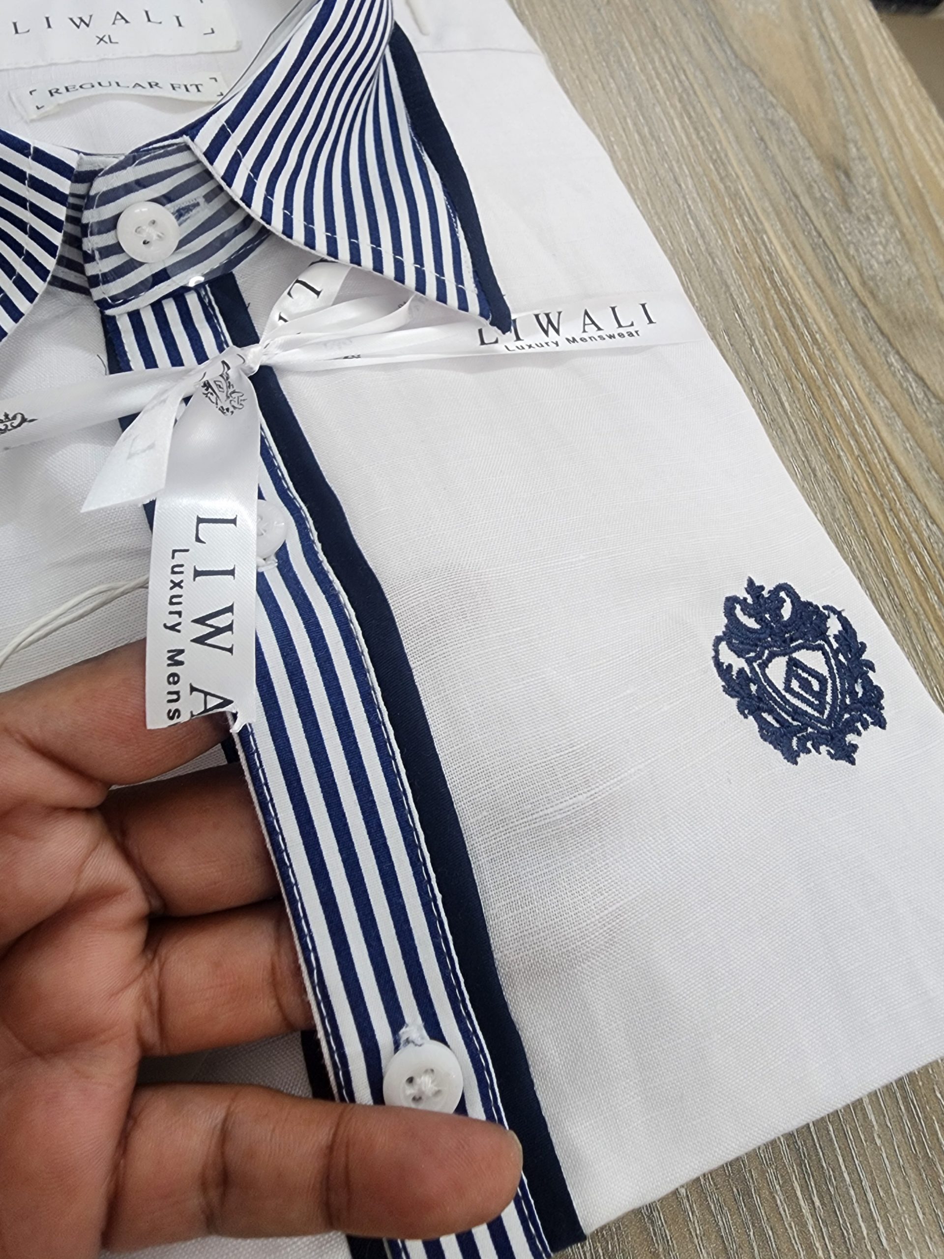 Royal White Linen Blue Contrast Half Shirt - Image 3