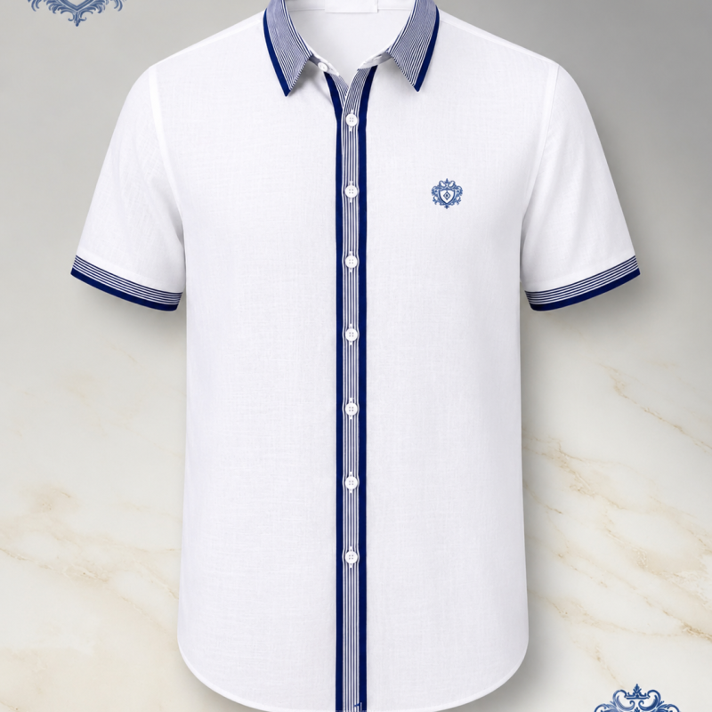 Royal White Linen Blue Contrast Half Shirt