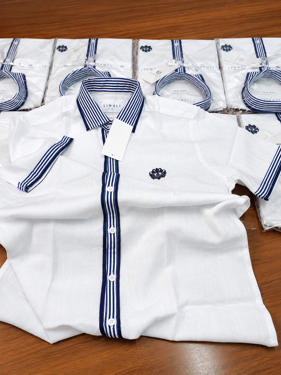 Royal White Linen Blue Contrast Half Shirt - Image 3