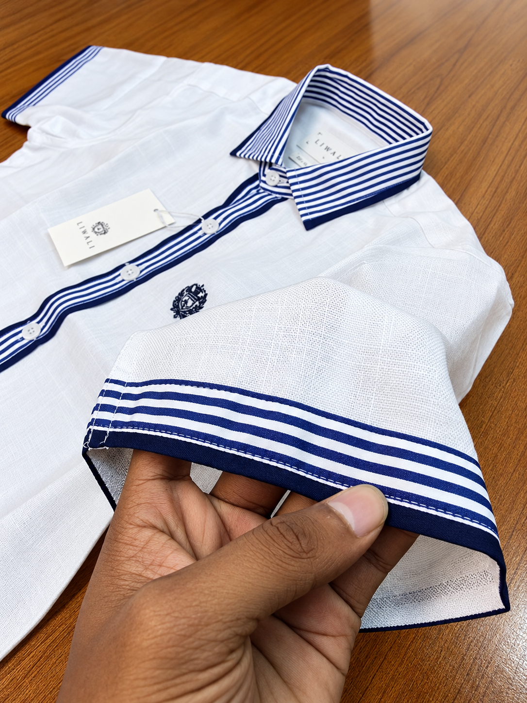 Royal White Linen Blue Contrast Half Shirt - Image 5